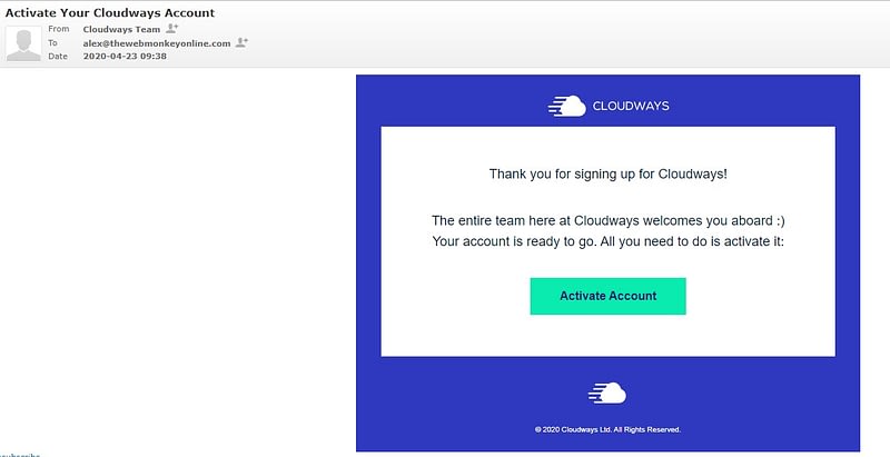 Cloudways hosting review - the welcome message