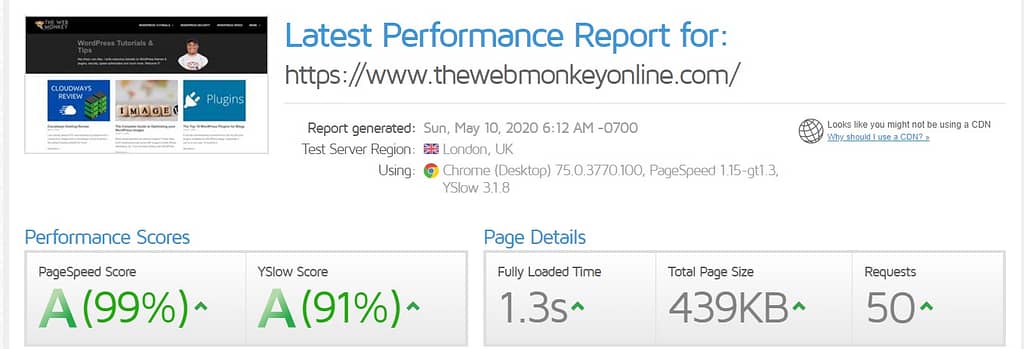 gtmetrix scores for web monkey blog
